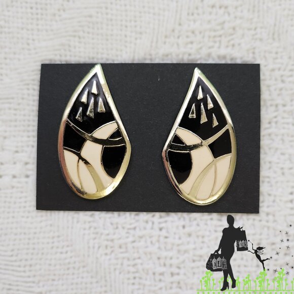 BFD Black Silver and White Enamel Vintage Earrings - Picture 1 of 7